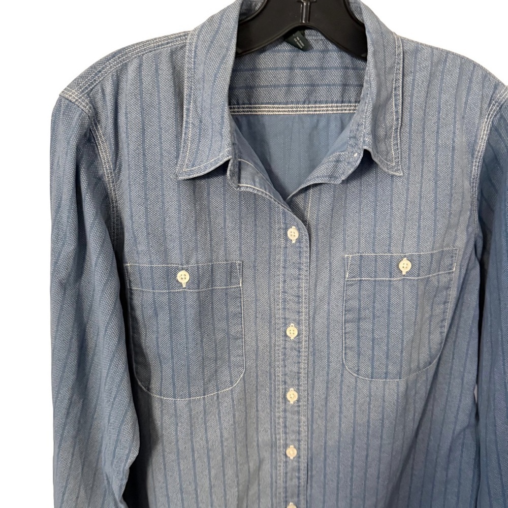 LRL Lauren Jeans Co. Women’s Striped Button-Up Shirt Blue Cotton Chambray Sz L